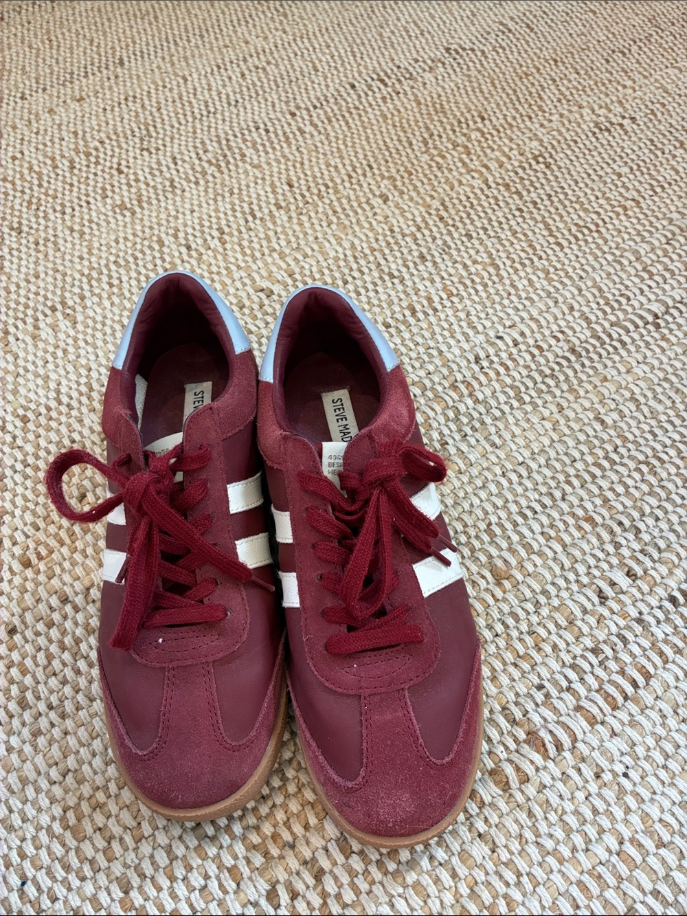 Size 10 Steve Madden Women's Burgundy Sneakers with White Stripes